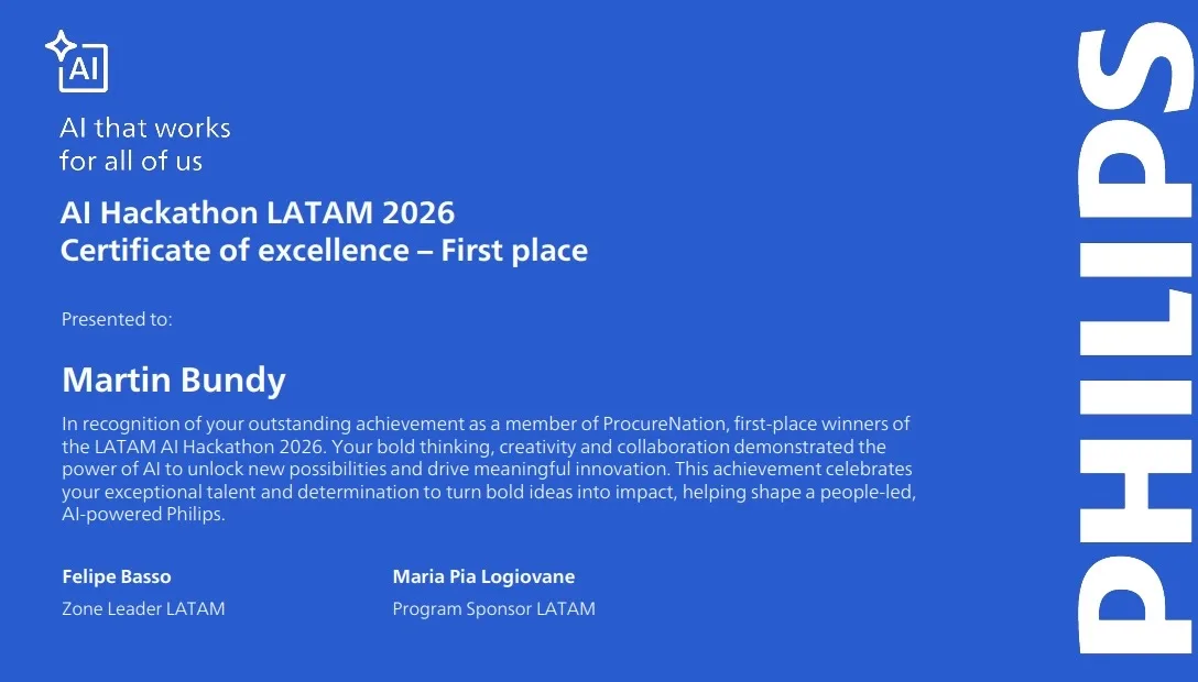 Certificado de excelencia de primer lugar del AI Hackathon LATAM 2026 de Philips, a nombre de Martin Bundy