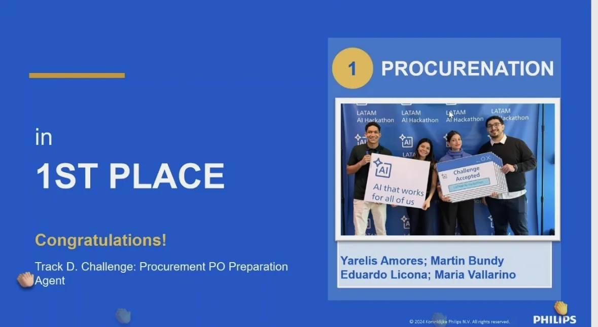 Diapositiva del anuncio: ProcureNation, primer lugar del LATAM AI Hackathon