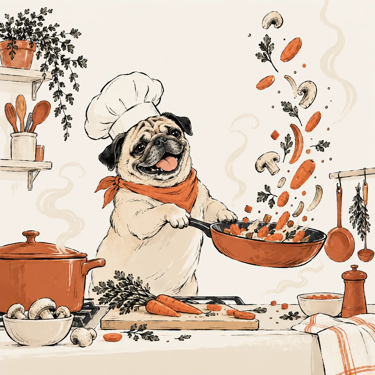 Bob, el pug, cocinando con una sartén y una olla